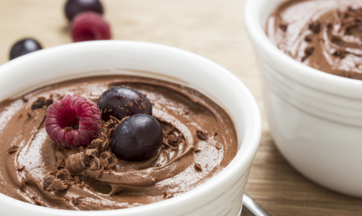 Two bowls of L&rsquo;Ultime Dark Chocolate Mousse with Lavender Scented Mixed Berries